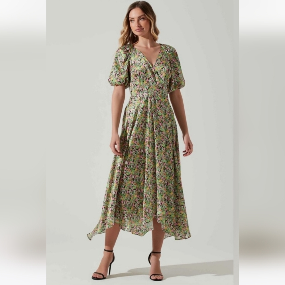 Astr Green Asymmetrical Wrap Maxi Dress